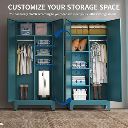 Steel Armoire Wardrobe Closet, 71" Metal Clothing Storage Cabinets with 2 Doors & 3 Adjustable Shelves, Blue Wardrobe Cabinet with Hanging Rod for Bedroom, Gym