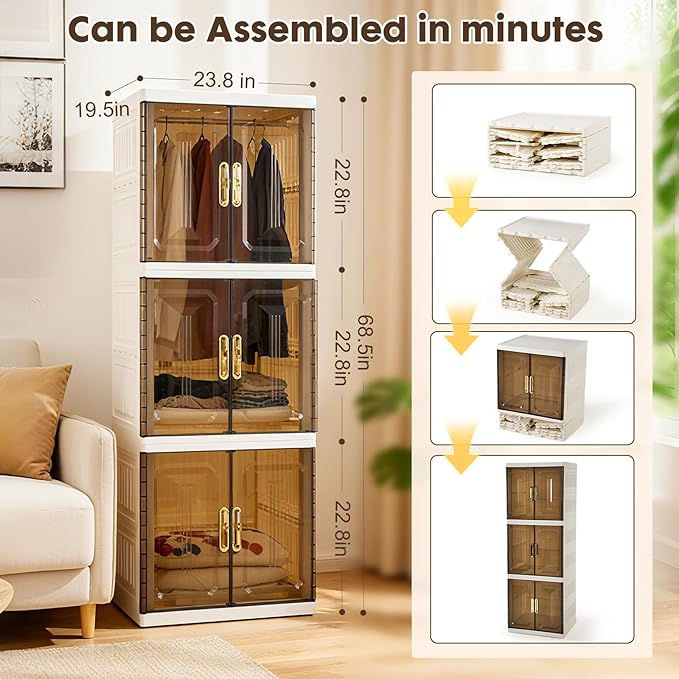 YHB Plastic Folding Storage Box Units, Pet Collapsible Clothes Organizers,White, Collapsible Wardrobe with Visualization Doors, Rolling Wheels