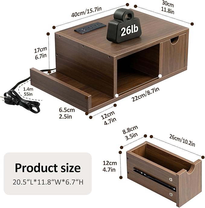 Afuly Floating Nightstand with Charging Station Wall Mounted Night Stand with Drawer Walnut Bed Side Table Wood Bedside Table Shelf Narrow Hanging Modern End Table Nightstands for Bedroom Decor