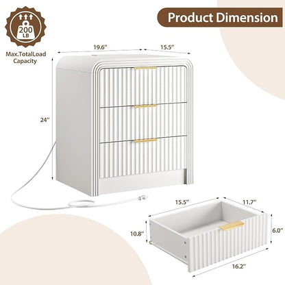 Decofy Fluted Nightstand with Charging Station, Modern Bedroom Side Table with Gold Handles, Curved Profile Design, End Table Wood Organizer for Bedroom, 19.7" & 3 Drawers (1 Pack, Pure White)