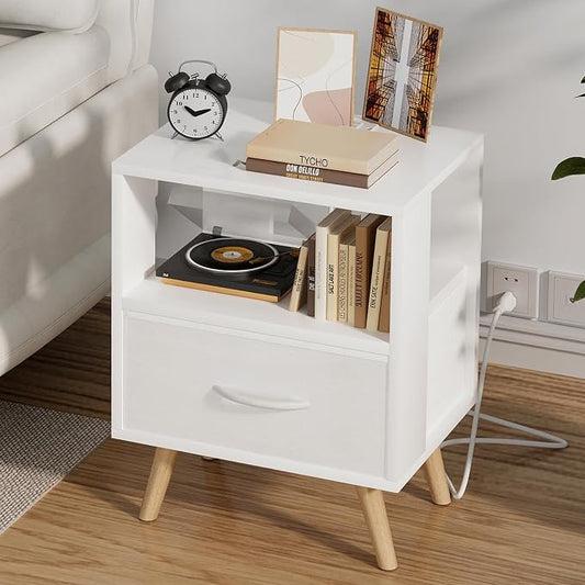 Aenuert Night Stand with Charging Station, White Nightstand with Drawer, 3-Tier Wooden Bedside Table with USB Ports and Outlets, End Table for Small Space, Living Room, Bedroom