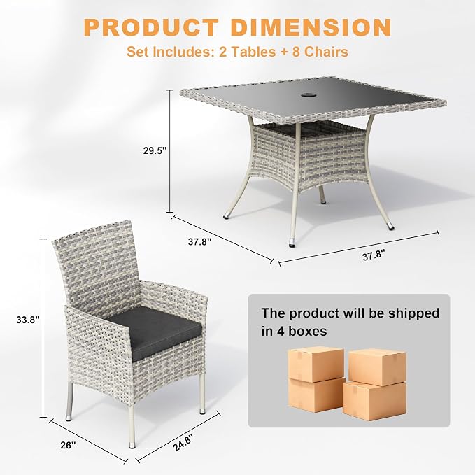 10-Piece Patio Dining Set, Patio Furniture Set with Square Tempered Glass Table & 8 Wicker Chairs, Expandable Design for Larger Groups, Outdoor Furniture for Backyard, Deck, Garden, Dark Grey