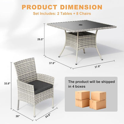 10-Piece Patio Dining Set, Patio Furniture Set with Square Tempered Glass Table & 8 Wicker Chairs, Expandable Design for Larger Groups, Outdoor Furniture for Backyard, Deck, Garden, Dark Grey