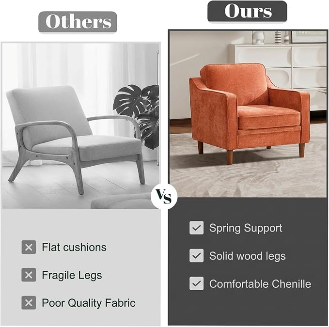 Kingfun Accent Chair, Living Room Chairs, Mid Century Reading Armchair, Chenille with Solid Wood Foot, Upholstered Modern Decor for Bedroom, Apartment