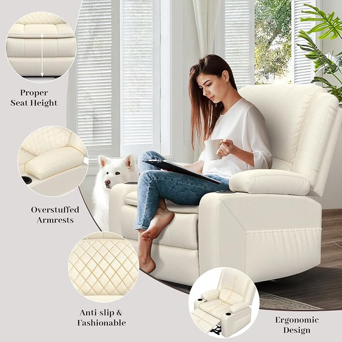 Yolsali Loveseat Recliner Sofa Set with 2-Tier Cushion, 2+1 Pieces in Living Room, 2 Seater Reclining Loveseat Leather with Removable Console, 1 Oversize Recliner Chair Sofa Seat - White PU