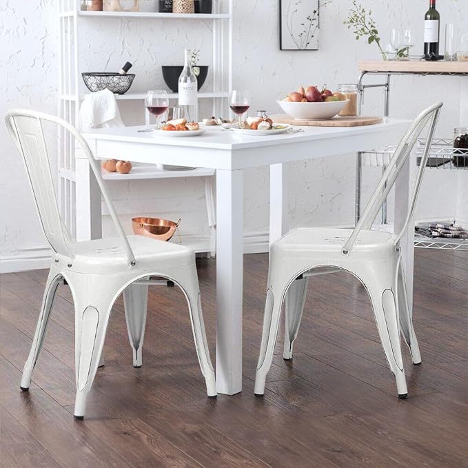 Furmax Metal Dining Chair Indoor Outdoor Use Stackable Chic Side Classic Trattoria Metal Chairs Set of 4 for Kitchen, Dining Room, Bistro and Cafe (Distressed White)