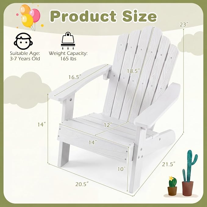 Giantex Kids Adirondack Chair, All-Weather HIPS Children's Outdoor Chair with Tilted High Backrest, Toddler Beach Chair for Garden Patio Backyard, Kids Lawn Chairs for Age 3-7 (1,White)