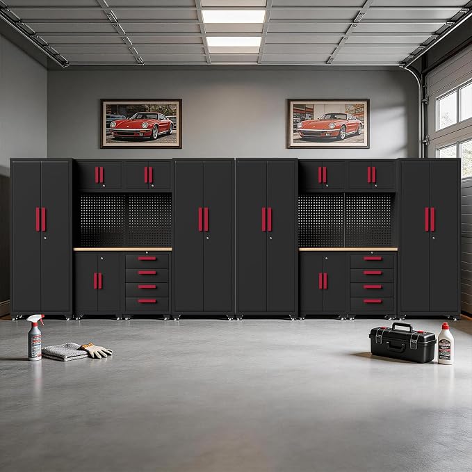 Garage Storage Cabinet System, 16PCS Garage Cabinets and Storage System Workshop Set with Red Cabinet, Cabinet Drawers, Workbench, Pegboard for Tool Organization,Red Handle