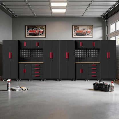 Garage Storage Cabinet System, 16PCS Garage Cabinets and Storage System Workshop Set with Red Cabinet, Cabinet Drawers, Workbench, Pegboard for Tool Organization,Red Handle