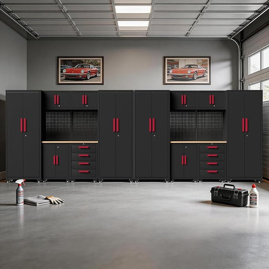 Garage Storage Cabinet System, 16PCS Garage Cabinets and Storage System Workshop Set with Red Cabinet, Cabinet Drawers, Workbench, Pegboard for Tool Organization,Red Handle