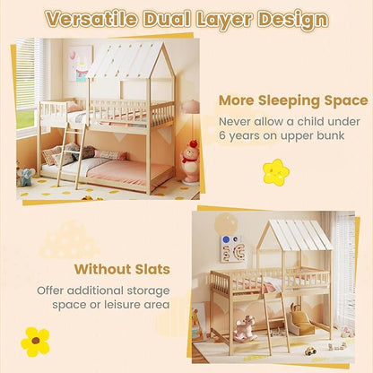 Giantex Twin Over Twin House Bunk Bed, Low Loft Bed Frame with Roof, Wood Bunk Bed with Ladder & Full-Length Guardrails, Twin Floor Bed for Kids Teens Boys Girls, No Box Spring Needed (Natural)