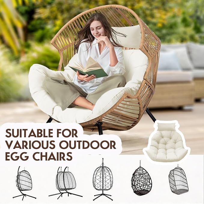 Outdoor Hanging Egg Chair Cushion Replacement, Thicken Egg Chair Cushion Waterproof Basket Eggs Chairs Cushion with Headrest Pillow, U-Shaped Cushions for Hanging Eggs Chairs Swing (Cream)