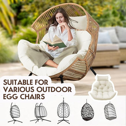Outdoor Hanging Egg Chair Cushion Replacement, Thicken Egg Chair Cushion Waterproof Basket Eggs Chairs Cushion with Headrest Pillow, U-Shaped Cushions for Hanging Eggs Chairs Swing (Cream)