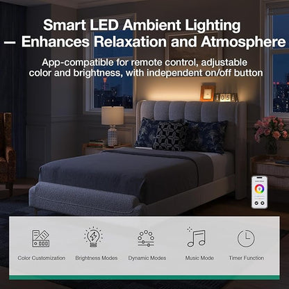 Novilla Full Size Bed Frame with Charging Station & LED Lights, Upholstered French Luxury Platform Bed with Wingback Headboard, Lamb Wool Fabric, No Box Spring Needed, Easy Assembly, Cream White