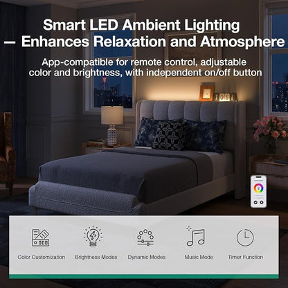 Novilla Queen Bed Frame with Charging Station & LED Lights, Upholstered French Luxury Platform Bed with Wingback Headboard, Lamb Wool Fabric, No Box Spring Needed, Easy Assembly, Cream White