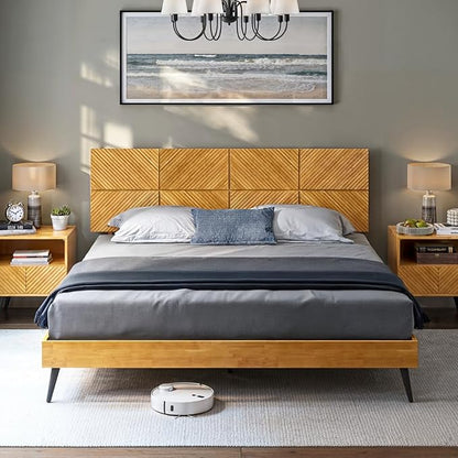 Bme Rhombus King Bed Frame – Solid Rubber Wood with Geometric Rhombus Headboard, Teak Brown Finish, Scandinavian Modern Platform Bed with Sturdy Slats & Metal Legs, No Box Spring Needed