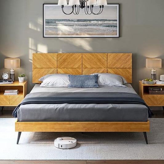 Bme Rhombus King Bed Frame – Solid Rubber Wood with Geometric Rhombus Headboard, Teak Brown Finish, Scandinavian Modern Platform Bed with Sturdy Slats & Metal Legs, No Box Spring Needed