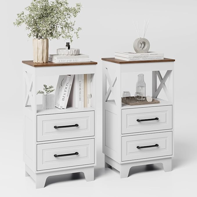 Tall Nightstand Set of 2 Side Table with 2 Drawers Modern Night Stand Wooden Rustic End Table Bedside Table with Below Open Shelf Solid Feet for Bedroom White+Walnut