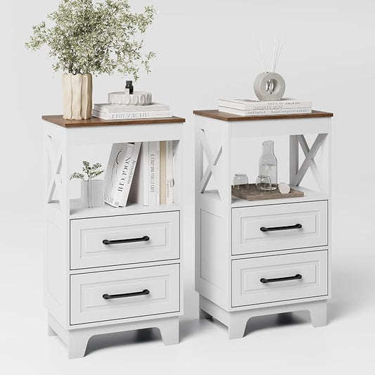 Tall Nightstand Set of 2 Side Table with 2 Drawers Modern Night Stand Wooden Rustic End Table Bedside Table with Below Open Shelf Solid Feet for Bedroom White+Walnut
