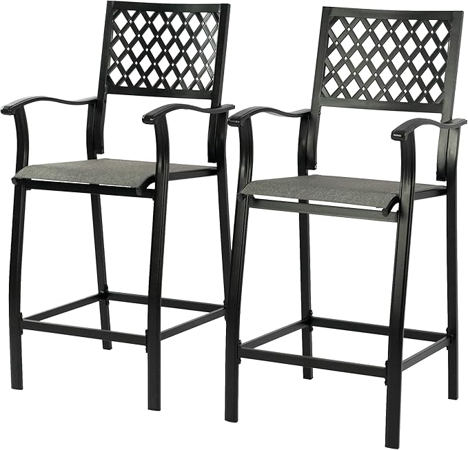Kozyard Outdoor Counter Height Bar Stools Set of 2, Patio Bar Chairs with Wrought Iron Frame & Textilene Fabric, Outdoor Dining Chairs for Patio, Poolside, Backyard Gray