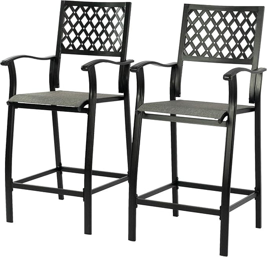 Kozyard Outdoor Counter Height Bar Stools Set of 2, Patio Bar Chairs with Wrought Iron Frame & Textilene Fabric, Outdoor Dining Chairs for Patio, Poolside, Backyard Gray