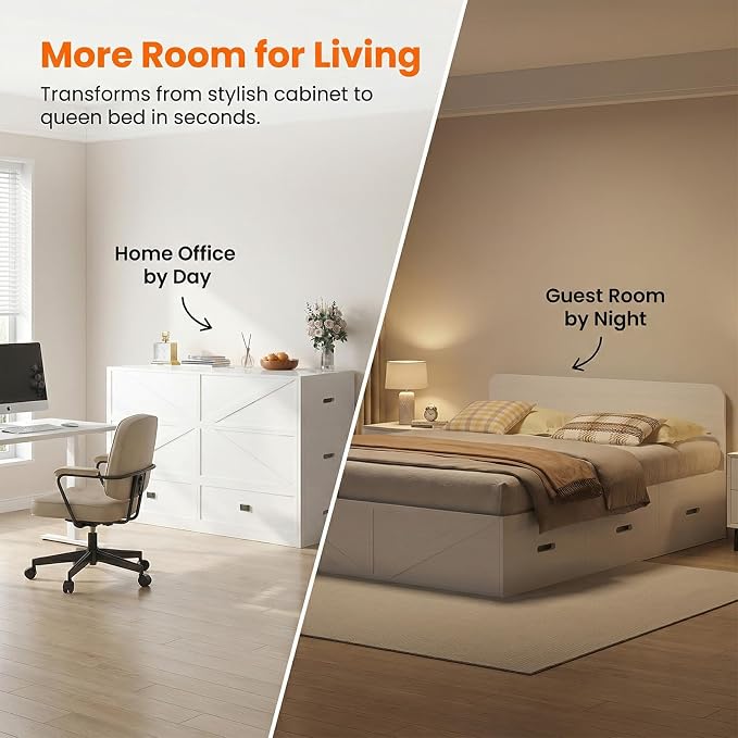 CECER 3-in-1 Queen Murphy Bed with Mattress for Small Space -White | Multi-Functional Desgin that Converts to Sofa Set，Bed and Cabinet，Easy Assemble ＆ Conversion