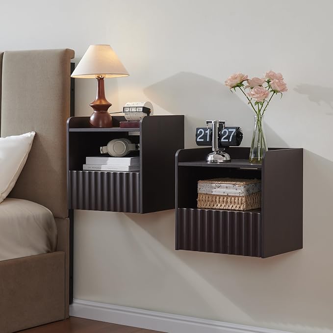 BuildHom Modern Fluted Floating Nightstand Wall Mounted Set of 2- Bedside Table with Storage Drawer & Display Shelf, Minimalist Bedroom Furniture for Studio Apartments(Espresso)