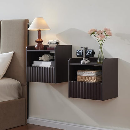 BuildHom Modern Fluted Floating Nightstand Wall Mounted Set of 2- Bedside Table with Storage Drawer & Display Shelf, Minimalist Bedroom Furniture for Studio Apartments(Espresso)