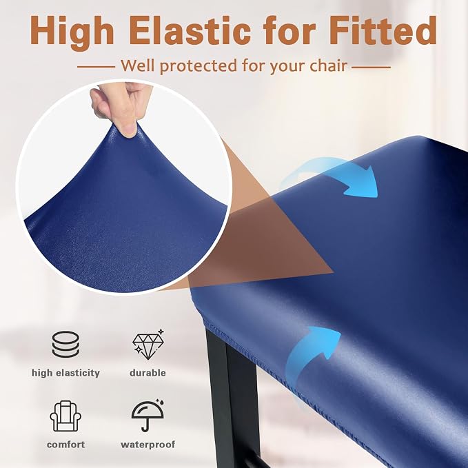 PU Leather Bar Stool Covers Rectangular, 100% Waterproof Stool Covers Rectangle Super Stretch 20% Thicker Leather Saddle Stools Cover Rectangular Counter Bar Stools with Elastic Band (4 PCS, Navy)