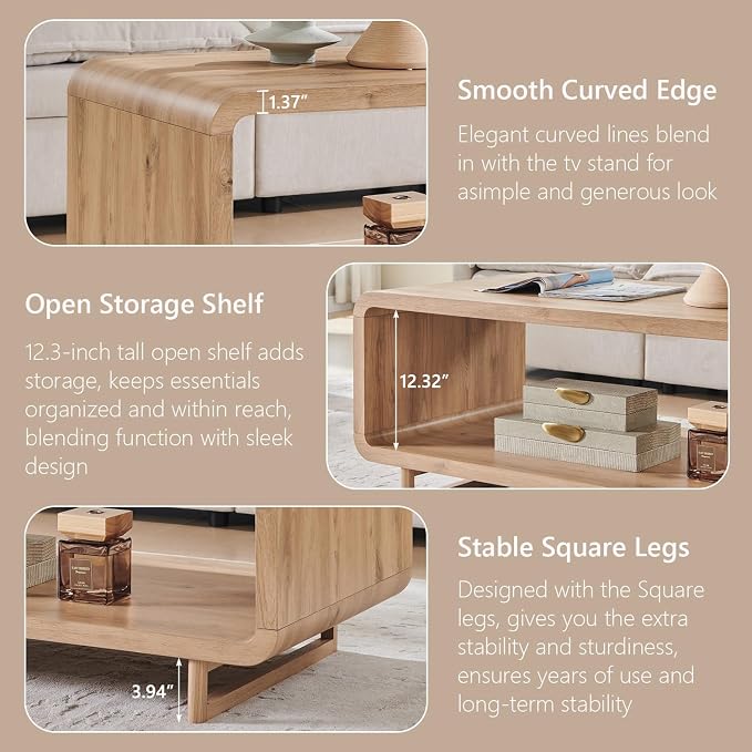 IFGET 48" Modern Coffee Table, 2-Tier Minimalist Center Table with Storage Shelf, Curved Profile Design, Wooden Rectangular Living Room Table w/Wood Thick Design for Living Room, Office, Natural Oak