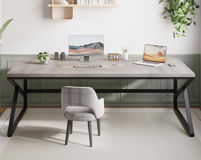 HSH 78 Inch Long Home Office Desk, Extra Large Grey Computer Desk for 2 Person, Industrial Wooden and Metal Executive Work Writing Study Gaming Desk Table, Modern Bedroom PC Laptop Desk Double Desk