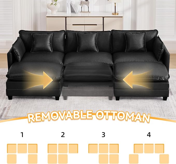 111'' Sectional Cloud Deep Seat Couch, Oversized Leather U Shaped Sectional Sofa for Living Room Set, Comfy Upholstered Modular 5-Seats Sectional Sofa Couch with 2 Movable Ottoman, Leather Black