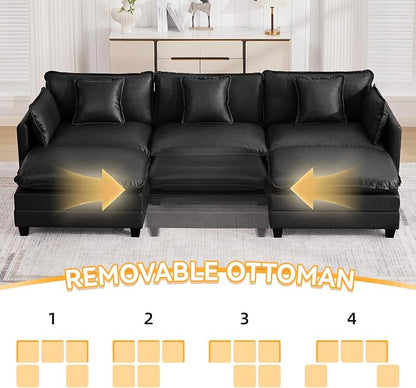 111'' Sectional Cloud Deep Seat Couch, Oversized Leather U Shaped Sectional Sofa for Living Room Set, Comfy Upholstered Modular 5-Seats Sectional Sofa Couch with 2 Movable Ottoman, Leather Black