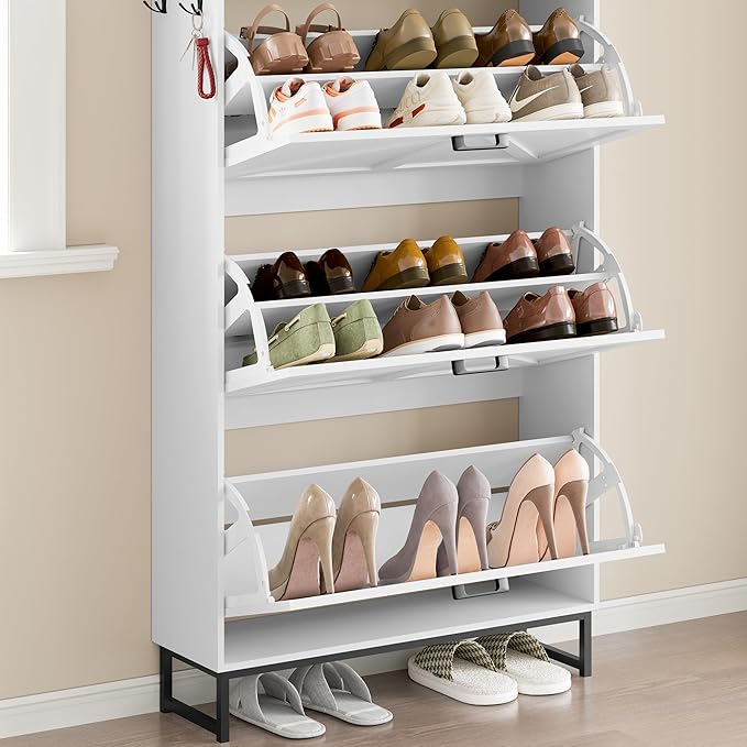 BORNOON Shoe Cabinet with 3 Flip Drawers Narrow Shoe Storage Cabinet Organizer Wooden Freestanding Shoe Rack Hidden Slim Shoes Storage Cabinet for Entryway, Hallway, Living Room, Bedroom