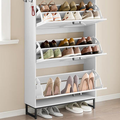 BORNOON Shoe Cabinet with 3 Flip Drawers Narrow Shoe Storage Cabinet Organizer Wooden Freestanding Shoe Rack Hidden Slim Shoes Storage Cabinet for Entryway, Hallway, Living Room, Bedroom