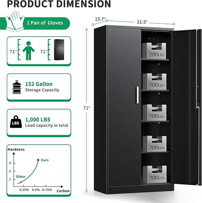 Metal Garage Storage Cabinet with Doors and Adjustable Shelves, 71" Tall Locker Organizer Steel Garage Cabinets, Lockable File Cabinet for Home, Office, Warehouse, Tools