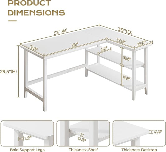 IOTXY Reversible L-Shaped Office Desk - 53" Modern Corner Computer Table with Storage Shelves, Solid Wood Legs, Home Writing & Study Workstation, White