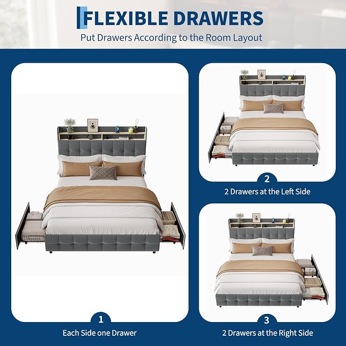 IDEALHOUSE Full Size Upholstered Bed Frame Fabric with Storage Drawers and LED Lights, Headboard and Frame for Cozy Bedroom Sets Upgrades