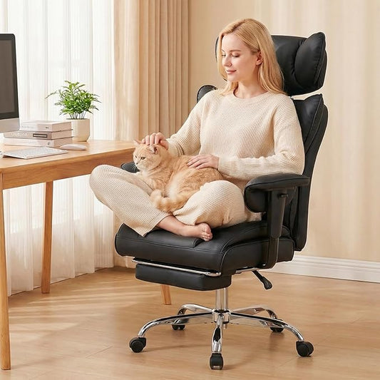 DUMOS Big and Tall Home Office Desk Chair, Ergonomic Executive Chair with Footrest, Computer Gaming Chairs with High Back Reclining, Adjustable Armrests and Comfy Lumbar Support, PU Leather, Black