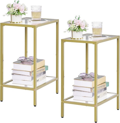 HOMSHO Side Tables Set of 2, End Tables with Tempered Glass, 2-Tier Nightstands with Storage Shelves, Coffee Table with Modern Style, Slim Sofa Table for Living Room, Bedroom, 11.8" D x 15" W, Gold