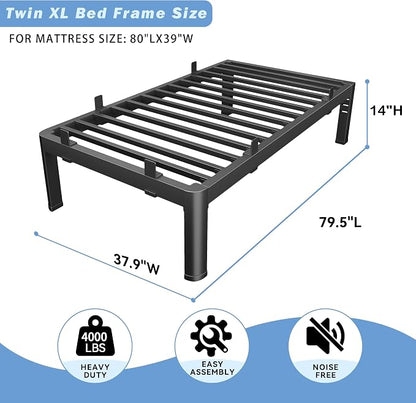 14 Inch Twin XL Bed Frame, Reinforced Heavy Duty Metal Bed Frame Twin XL Size, 4000LBS Rounded Corner & No-Slip Mattress Grip, Squeak-Free Platform Bed Frame with Headboard Holes Easy Assembly