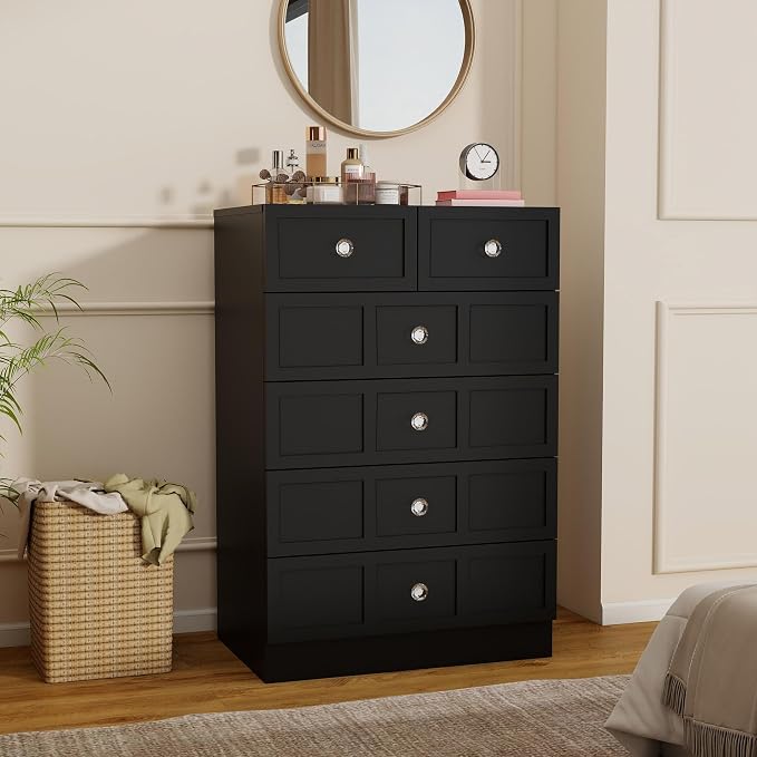 6 Drawer Dresser for Bedroom: 24" Black Wide Tall Dressers for Bedroom, Modern Fluted Dresser with Deep Drawers, Wooden Chest of Drawers for Living Room
