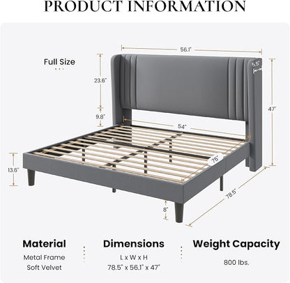 SHA CERLIN Full Size Velvet Upholstered Platform Bed Frame with Vertical Channel Tufted Wingback Headboard, Wooden Slats Support, Easy Assembly, Under Bed Storage, No Box Spring Required, Grey