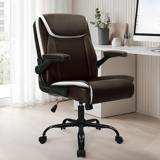NEO CHAIR Desk Office Gaming Computer Chair Ergonomic Executive Mid-Back Leather with Adjustable Padded Flip-Up Armrests Cushion Wheels Swivel for Home Study Task (Brown)