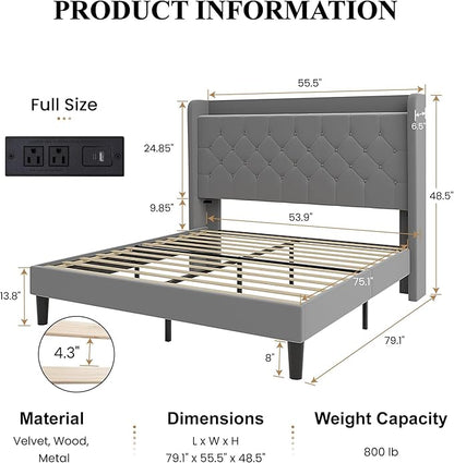 SHA CERLIN Full Size Platform Bed Frame with Charging Station, Velvet Wingback Headboard with Storage Shelf, Wooden Slats Support, Ample Under-Bed Space, No Box Spring Needed, Easy Assembly, Grey