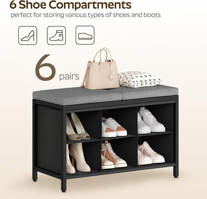 YATINEY Shoe Storage Bench with Cushion, Entryway Bench, Shoe Rack with Padded Seat and 6 Oxford Compartments, for Closet, Bedroom, Entryway, Black and Gray HX01BK