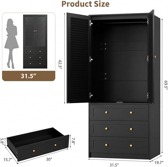 Garvee 70" Wardrobe Armoire Wooden Closet with 2 Doors and 3 Drawers, Bedroom Armoire with Hanging Rod Shelf, Large Capacity Storage Wardrobe Armoire, Freestanding Wooden Closet Storage Cabinet