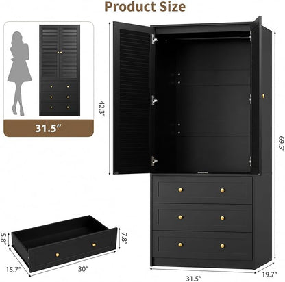 Garvee 70" Wardrobe Armoire Wooden Closet with 2 Doors and 3 Drawers, Bedroom Armoire with Hanging Rod Shelf, Large Capacity Storage Wardrobe Armoire, Freestanding Wooden Closet Storage Cabinet
