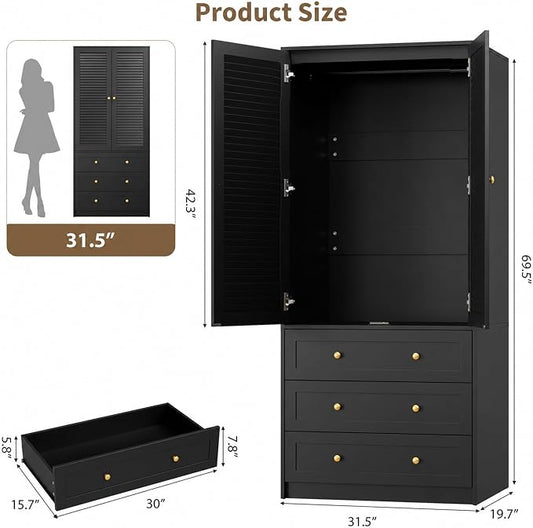 Garvee 70" Wardrobe Armoire Wooden Closet with 2 Doors and 3 Drawers, Bedroom Armoire with Hanging Rod Shelf, Large Capacity Storage Wardrobe Armoire, Freestanding Wooden Closet Storage Cabinet