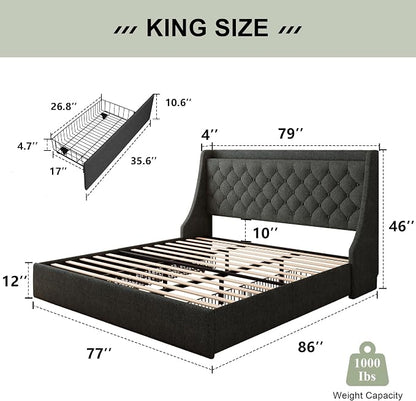 Feonase King Size Bed Frame with 4 Storage Drawers, Upholstered Storage Bed with Charging Station, Tufted Wingback Headboard, No Box Spring Needed, Dark Grey